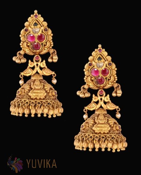 GOLD ANTIQUE EARRINGS - FLAT DIAMONDS-JHUMKAS