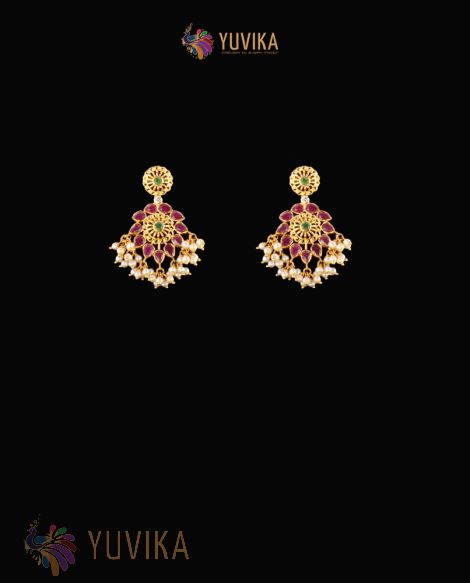 22K Gold Earrings studded with Pearls and Gem Stones
